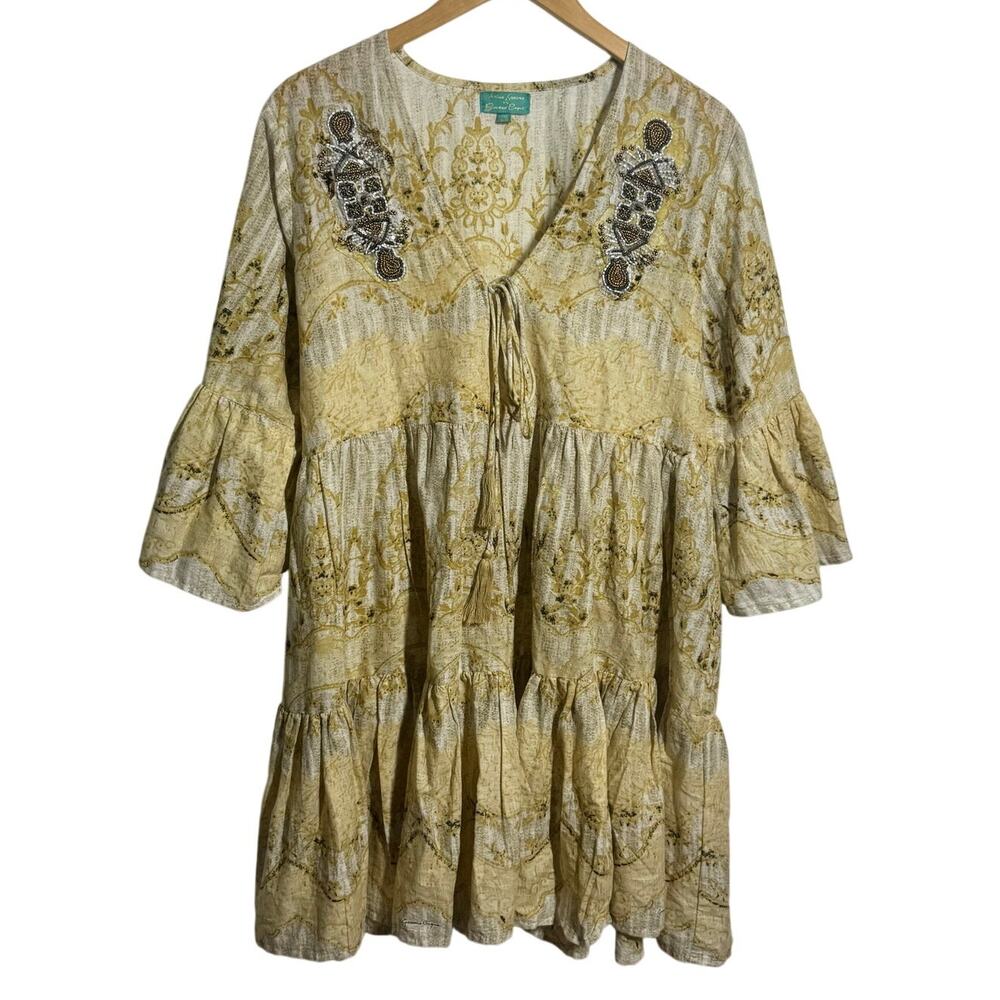ANTICA SARTORIA Boho Mini Dress Women US Gold Beaded Cotton Coastal Cottage